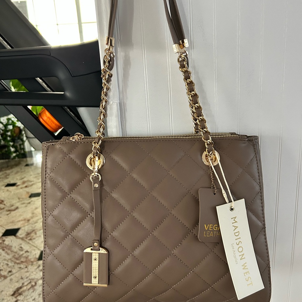 Madison West Brown Quilted Shoulder Bag with Chain Straps